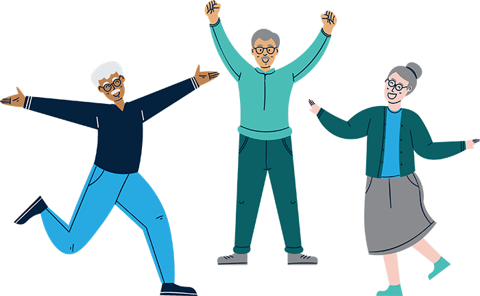 Three animated elderly people are joyfully dancing against a black background, wearing colorful clothes and glasses, with expressions of happiness.